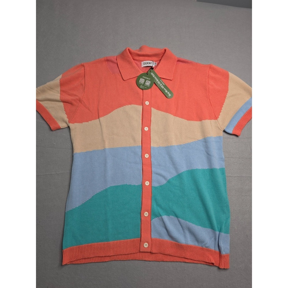 OXknit 70s Polo Shirt Men's 2XL Multi Colorblock Knit Short Sleeve Button-Up NWT
